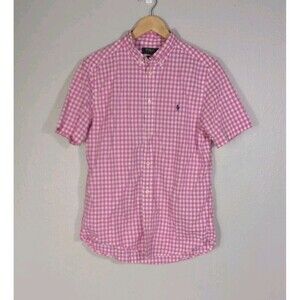 Ralph Lauren Pink White Seersucker Short Sleeve Button Up Shirt Boys 18 Yrs N81